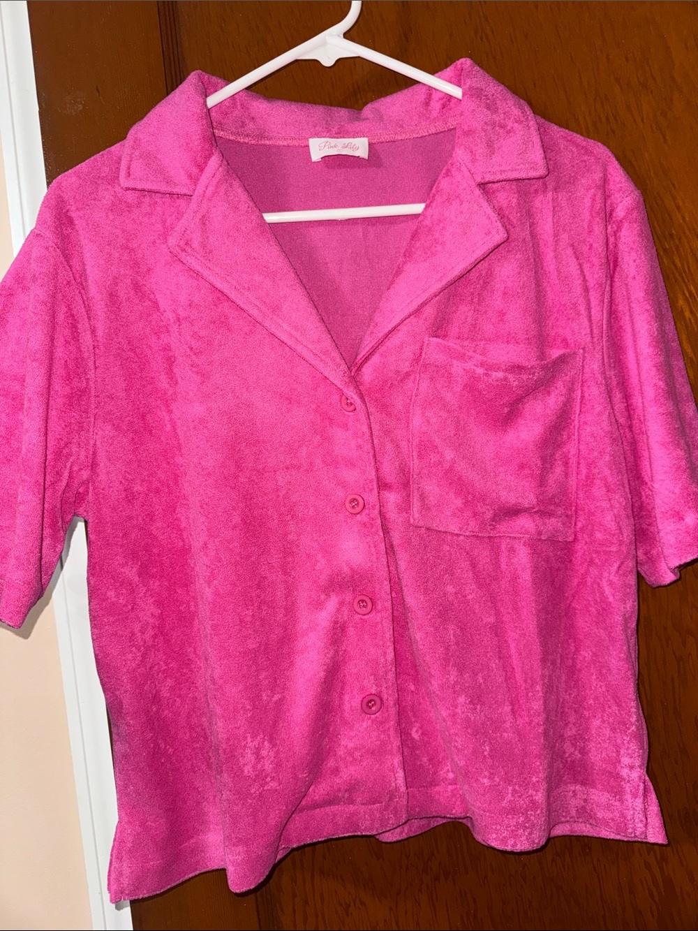 Bright Pink Terry Button-Up Top